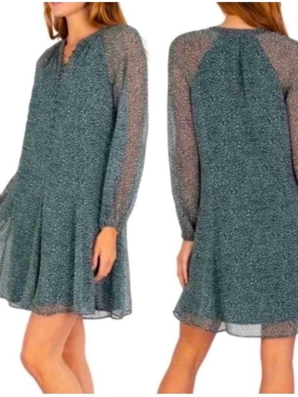 NWT Arctic Animal Spot Balloon Sleeve Dress Sheer Green Lined Size Medium